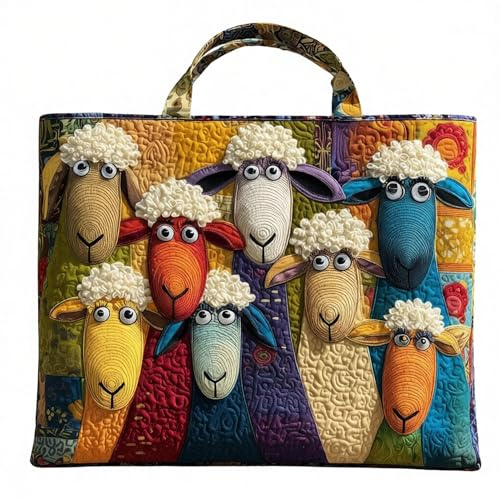 Aodejoy Tragetasche mit Schaf, Handgefertigt Schaf Tasche Lustige Schafmotiv Gesteppte Einkaufstasche fur Tierliebhaber, Gepolstertem Griff