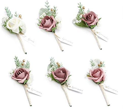 Ling's moment Boutonniere für Männer ansteckblume bräutigam, 6 Stück Bräutigam Trauzeugen Boutonniere, künstliche Blumen für Hochzeitsdekoration/Abschlussball/Heimkehr usw. Rosa Staubige Rose