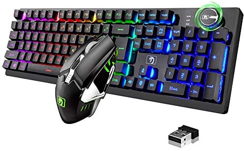 FELiCON K620 Wireless Gaming Keyboard and Mouse Combo, Mechanical Feel Rechargeable 100% Keyboard 4800 mAh, 16 Light Up RGB LED QWERTY US Layout+PC Gaming Mice with 2.4G Receiver for PC Mac PS4-Black