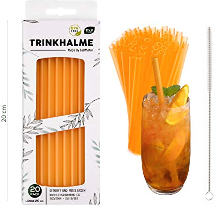 Premium Trinkhalme 20 Stück, 20 cm, Orange, made in GERMANY, wiederverwendbar & spülmaschinengeeignet mit Reinigungsbürste, ideal auch für Kinder (Orange, 20)