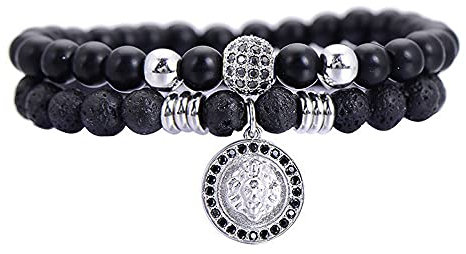 Lisandra Scott Doppelarmband aus Vulkangestein mit Löwenkopf und Natursteinperlen für Herren aus Edelstahl I Armband Verstellbar mit Löwe und Perlen Armbänder Männer Schmuck (Silber)