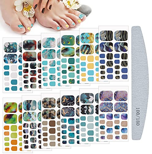 TOROKOM 12 Blätter Zehennagel Wraps Zehennägel Streifen Full Wrap Fuß Nagellack Aufkleber Selbstklebender Marmor Gedruckt für Frauen Mädchen Pediküre DIY Nail Art Design Dekoration, mit Nagelfeile