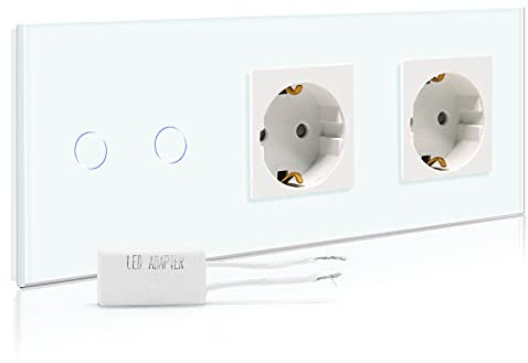 BSEED Dimmer Schalter mit Schuko Steckdose, Unterputz Dimmer Lichtschalter mit dimmer LED-Glühlampen, 2 Fach 1 Weg Glas Dimmer Lichtschalter mit Doppelt Wandsteckdosen Weiß 228mm