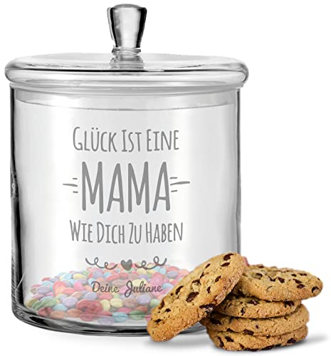 GRAVURZEILE Leonardo Keksglas mit Gravur - Glück ist eine Mama Design - Keksdose Bonbonglas mit Deckel - Geschenk für Mama als Geschenk zum Muttertag