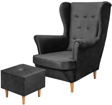 Bonni Floki Ohrensessel + Fußhocker im skandinavischen Stil. Fernsehsessel Lehnstühl Sessel Polstersessel Relaxsessel Bequemer Loungesessel auf hohen Beinen mit Pouf (Anthrazit)