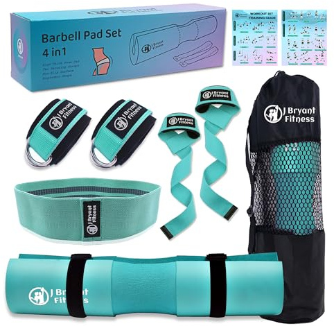 J Bryant Barbell Pad Set for Squats Bench Press Workout, Including Thick Cushioned Hip-Thrusts Pad with Carry Bag, Weight Lifting Straps, Hip Resistance Band and 2 Ankle Straps for Cable Machines