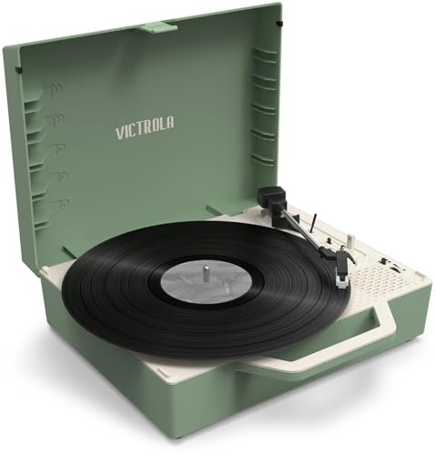 Victrola Re-Spin - Tocadiscos de Vinilo de Maleta sostenible, 3 velocidades (33 1/3, 45 y 78 RPM), Mesa giratoria Bluetooth accionada por Correa con radiador de Graves Integrado, Conector para
