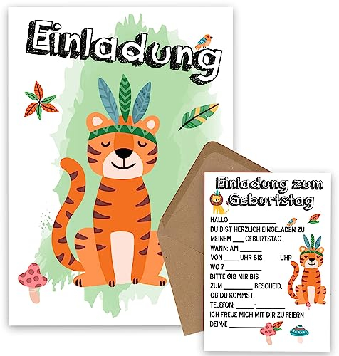 OWLBOOK Tiger Boho 5 Einladungskarten Kindergeburtstag Junge Mädchen Kinder - Wilde Tiere Geburtstag - Kindergeburtstagseinladungen Wald Tiere Zoo Dschungel Einladungen zum Ausfüllen mit Umschläge