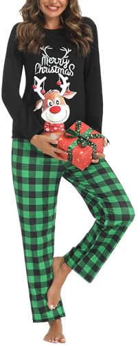 Crewhpo iClosam Pigiama Natalizio Donna Invernale a Quadri Due Pezzi Pigiami Natalizi in Cotone Lungo con Tasche Laterali Regalo di Natale S-XXL
