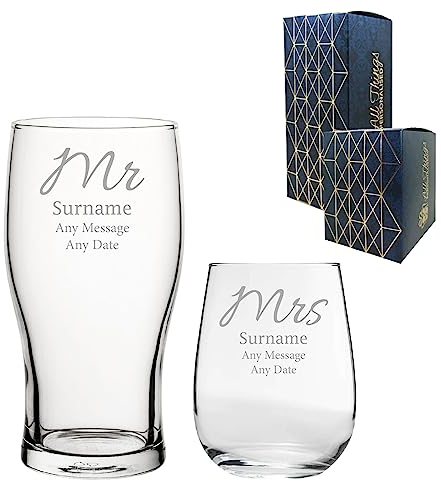 Personalised Engraved Mr and Mrs Surname Beer and Stemless Wine Glass Set, Wedding or Anniversary, Gift Boxed, Couples Gift, Elegant Font, Engraved in The UK