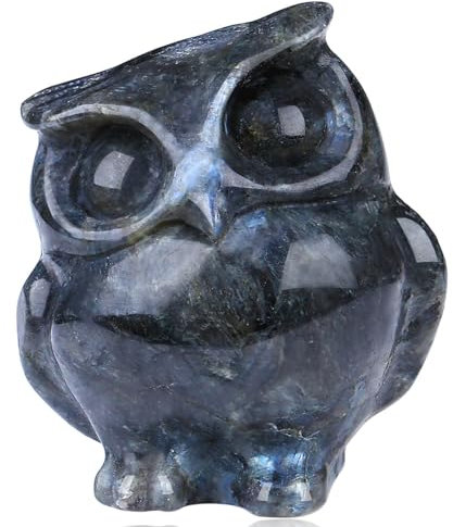 QINJIEJIE Schwarze Labradorit-Kristalle, Eulen-Figuren, natürlicher geschnitzter Stein, Dekoration, polierter Edelstein, Statue, Schreibtisch, Weisheit, Edelstein, Skulptur, Zimmer, Zuhause, Büro,