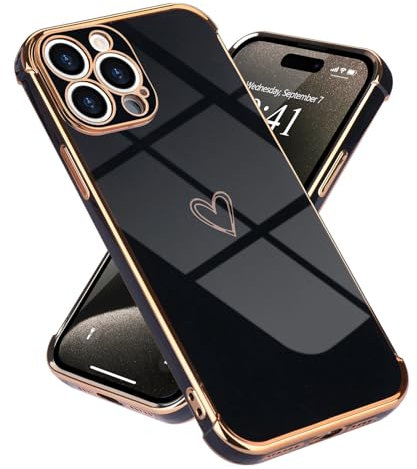 Micoden for iPhone 15 Pro Case Cute Girls Silicone Heart Pattern Design Cases Fashion Plating Edge Ultra Thin Shockproof Protective Bumper Phone Case for iPhone 15 Pro Black