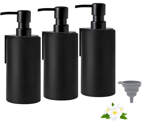 Glas Seifenspender Wandbefestigung Ohne Bohren Set, 350ml Schwarz Pumpspender Wandmontage, Spülmittel Flasche mit 8 Etiketten, Vintage-Soap Dispenser für Bad Dusche Arbeitsplatte Küche, 3 Stück