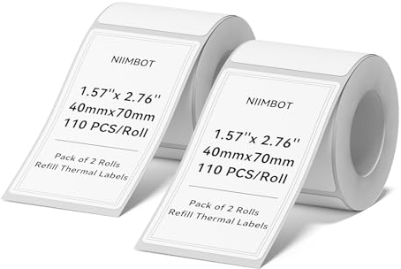 NIIMBOT Etiketten für B1, B21, B3S, K3, 40 x 70 mm, wasserdicht, öl- und reißfest, für Thermodrucker, Schwarz auf Weiß, 2 Rollen