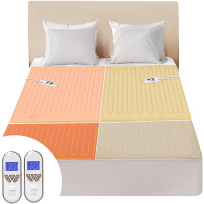 Bwarm Premium Multi-Zone Electric Heated Mattress Pad Queen Size, 60 x 80, Dual Controllers, 9 Heat Settings, 1-12 Hours Auto Off, Individual Body and Feet Settings, Machine Washable