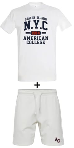 AMERICAN COLLEGE USA, 2 Teiliges Set, Herren, Damen, T-Shirt + Bermuda, Casual, Sportlich, Kleidung, Erwachsene, Unisex, Manner, Frauen, Modell ACEN227 Weiß, S