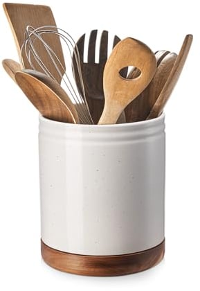 DOWAN 360° Rotating Extra Large Ceramic Utensil Holder for Countertop, 7.6 Kitchen Crock for Farmhouse Decor, Cooking Caddy, Glaze With Specks