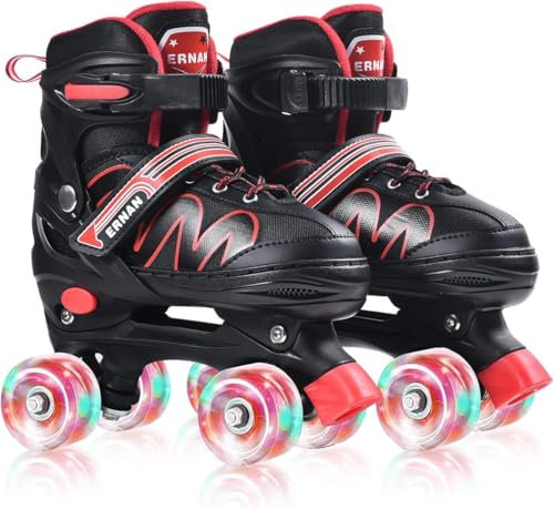 ERNAN Rollschuhe Kinder Verstellbar.komfortabl LED Rollerskates für Jugendliche und Anfänger.4 Größen verstellbar,Rollschuhe für Mädchen,Jungen und Anfänger (RED, S)