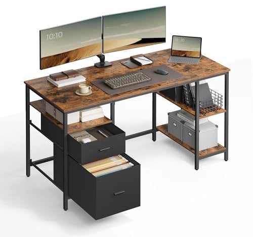 VASAGLE Scrivania per Computer, Tavolo da Ufficio, Scrivania con 3 Ripiani, 2 Cassetti, 60 x 140 x 76 cm, per Ufficio, Soggiorno, Stile Industriale, Marrone Vintage e Nero Opaco LWD104B01