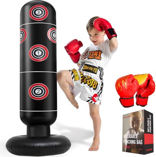 FOYOCER Sac de Boxe Enfant avec Gants de Boxe 160cm Gonflable Sac de Frappe pour Enfants 3-12 Ans Jouet d'exercice Amusant et Sûr pour Maison pour Garçons et Filles sans BPA 2024 Nouveau (Noir)