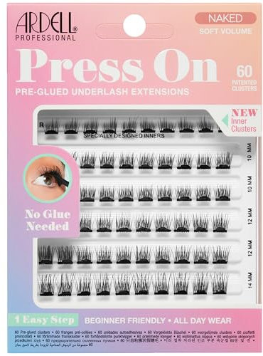 Ardell Press On Pre-Glued Underlash Eyelash Extensions, Naked Soft Volume Cluster Lashes Kit, Beginner-Friendly DIY Lash Extension Kit with Applicator, Assorted Lengths, 60 Lash Clusters