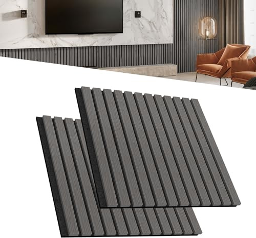 LZQ Akustikpaneele Echtholz Furnier 2er Set Wandverkleidung 60 x 60 cm Wandpaneele Lamellenwand Schalldämmung Holzpaneele Wand Akustikplatten Wanddekoration für Wohnzimmer Flur Büro (Anthrazit)