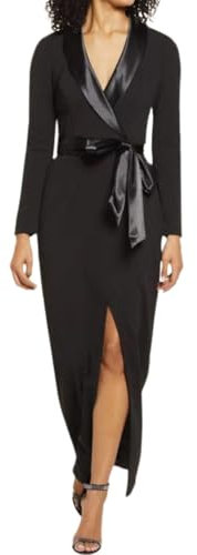 Xumplo Women Formal Party Dresses V-neck Long Sleeve Cocktail Wedding Dress for Womens Black Bodycon Tie Dress Ladies Vintage Evening Dresses-XL