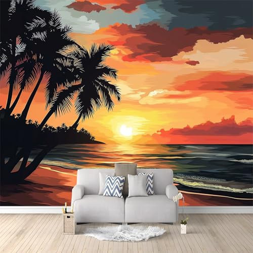 Papier Peint Intissé Coucher De Soleil Palmiers De Plage Panoramique 300 x 210 cm Décoration Murale pour Chambre d'enfants, Salon, Chambre à Restaurant, Couleur Orange, Impression