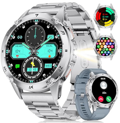 LIGE Montre Connectée Homme, 1.43'' Smartwatch Homme avec Appel Bluetooth/LED Lampe/530 mAh Batterie/110+ Modes Sportifs, 24/7 Moniteur de Fréquence Cardiaque SpO2 et Sommeil pour Android iOS, Argent