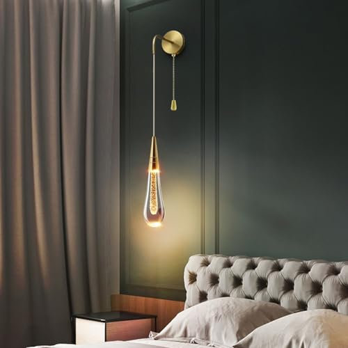 TZSMUM Nordic Innen LED Wandleuchte mit Zugschalter Wandlampe K9 Kristall Lampenschirm Wandbeleuchtung Höhenverstellbar 3000K/4000K/6000K Wandleuchte Esszimmer Hotel Wohnzimmer (Kupfer,Warmes Licht)