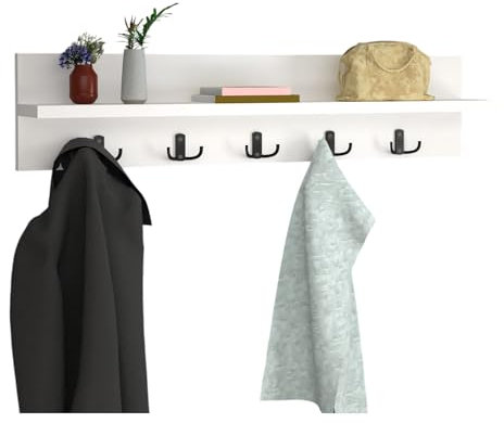 TheOwnas Wall Mounted Coat Rack with Wooden Shelf | 80cm Floating Design with 5 Double Metal Hooks for Jackets, Clothes, Hats & Accessories (White)