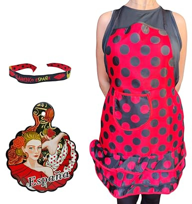 MANTONDEMANILA.COM Delantal con Dibujo o Diseño Flamenco + Accesorio de Cocina + Pulsera de Tela con Diseño de Flamenco