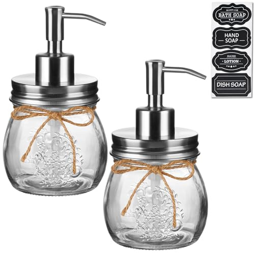 Amolliar 10 OZ Mason Jar Liquid Soap Dispenser, Stainless Steel Pump Lid, Cute Farmhouse Decor for Kitchen, Bathroom, Refillable Hand Soap Dispenser, Lotion Soap Dispenser, Dish Soap, Silver 2 Pack