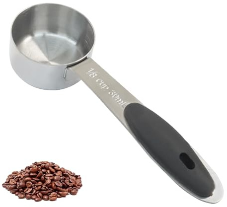 Waziaqoc 2 x 1/8-Tassen-Kaffeemessbecher, 30 ml Edelstahl-Messschaufel, 28,3 g Hunde- und Katzenfutterschaufel mit schwarzem, bequemem Griff zum Kochen, für Haustiere, Kaffee