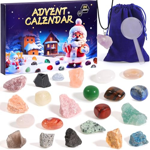 HOWAF Edelstein Adventskalender 2025 Kinder, 24 Tage Weihnachtskalender 2025 Kinder Natürliche Mineralien Kristall Adventskalender Steine Weihnachts Geschenke für Jungen und Mädchen