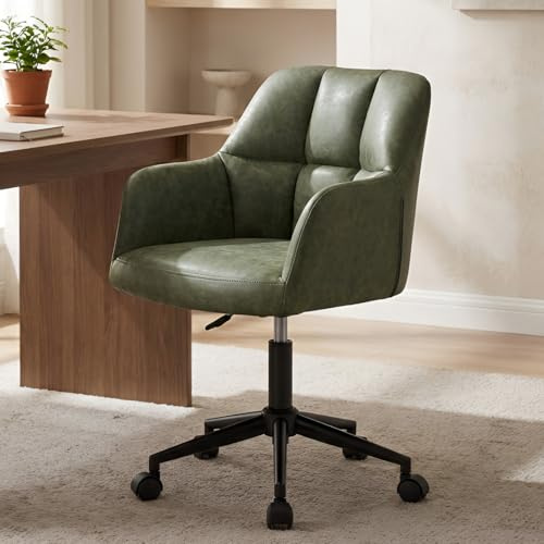 Ya-Home Desk Chair Swivel Leather Office Chairs for Home with Wheels, Green | Qulited Backrest & Arms, Premium Faux Leather, 360° Swivel, Adjustable Height, Sturdy Metal Legs, for Office/Bedroom/Study