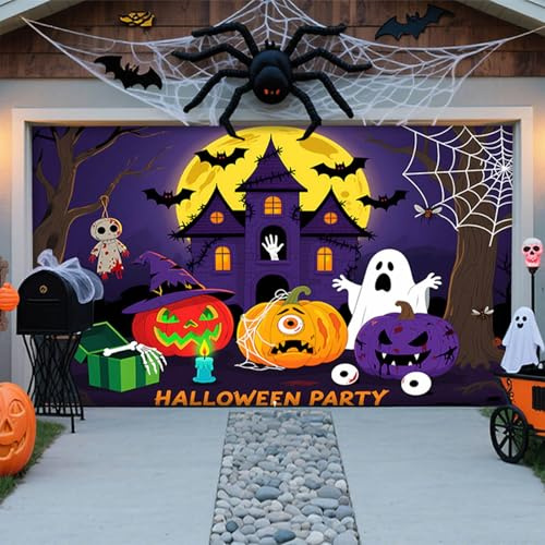 Décorations d'Halloween pour Porte de Garage, Couverture de Porte de Garage pour Halloween, Grande Toile de Fond Suspendue Effrayante Carnaval Bannière de Décorations Murales pour Extérieur Jardin