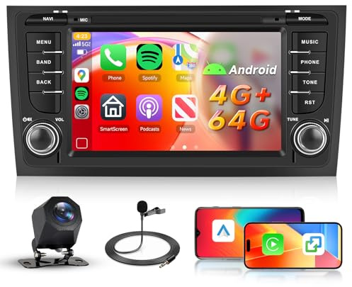 【4+64G】 Hodozzy Carplay Bildschirm für Audi A6 S6 RS6 1997-2016 mit GPS/WiFi, Audi A6 Autoradio 7 Zoll Bluetooth mit Android Auto/DSP/FM/RDS/SWC/USB+Rückfahrkamera