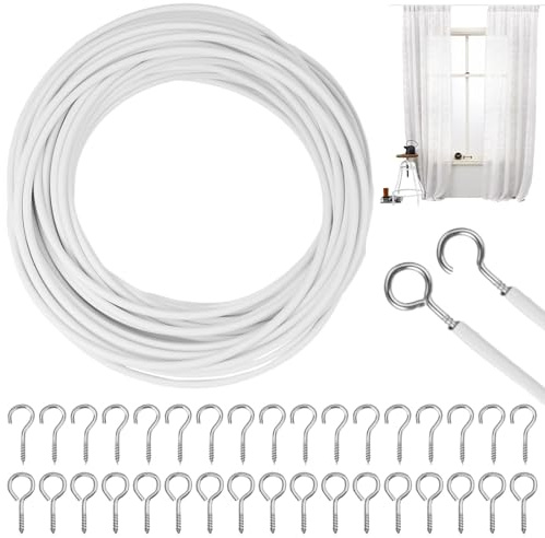 10 M Net Curtain Wire and Hooks Set with 25 Eye Bolts, 25 Screw-in hooks | Durable Wire Set for Window Net Curtain, Multipurpose Curtains Wire Kit for Photographic Display of Paintings,Garment Hanging