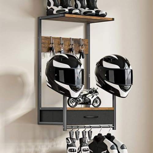 Housolution Motorcycle Helmet Wall Mount with Fabric Drawer, Helmet Holder with 4 Glove Chips and 4 Hooks for Riding Suits & Accessories, Helmet Stand Display for Bike, Baseballs and Rugby Helmets