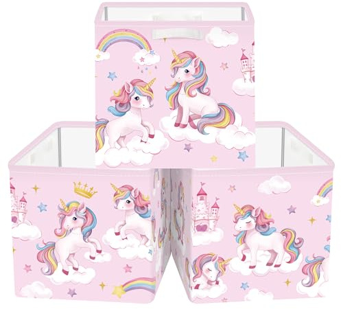 Clastyle 3 Stück Rosa Einhorn Aufbewahrungsbox Stoff für Kallax Faltbar Aufbewahrungskorb Klein Schrank Organizer Kleiderschrank für Regal, Krone, 30x30x30 cm