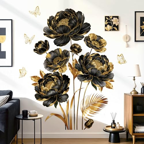 Peelora Large Black Gold Flower Wall Stickers Floral Butterfly Gold Leaves Plants Wall Decals Living Room Bedroom Tv Background Self-Adhesive Home Decor Stickers