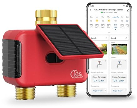 Programador de riego WiFi 2 Zonas, Temporizador Solar Recargable con Doble Salida, Conectores de latón, sin hub, App Smart Life, Compatible Alexa y Google Assistant