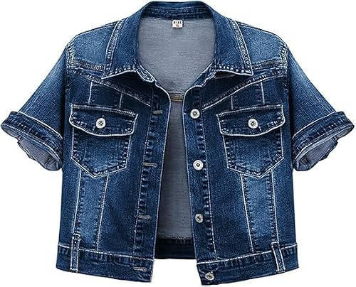 Omoone Womens Cropped Denim Jacket Short Sleeve Summer Ripped Stretch Trucker Jean Coat