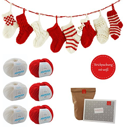 MyOma Adventskalender selber Machen -Strick Paket „Adventskalender“ aus Söckchen- Adventskalender DIY für 24 kleine Söckchen beinhaltet 6 Knäuel Merino Mix Wolle in 2 versch. Farben – Strickset