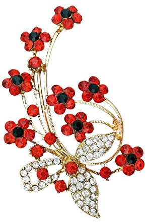 QUKE Damen Vintage Rot Rubin-Farbe Zirkonia Kristall Blumen Broschen Geschenk Einzigartiges Design