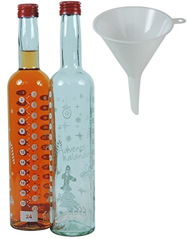 2 Weihnachtsflaschen, Glasflaschen als Adventskalender 500 ml inkl. Trichter