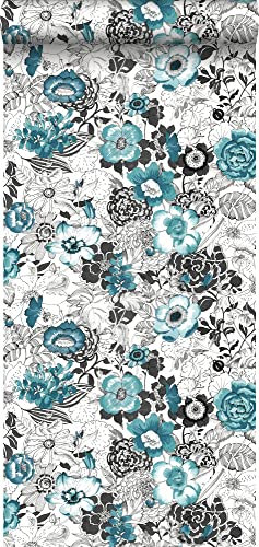 ESTAhome Tapete Blumen Türkis und Schwarz - 138502-53 cm x 10,05 m