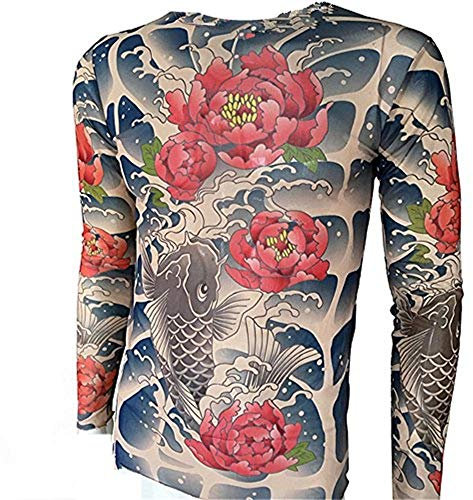 SHINA Tattoo Long Sleeve T-Shirt with Carp Flower Pattern Men Elastic Suitable