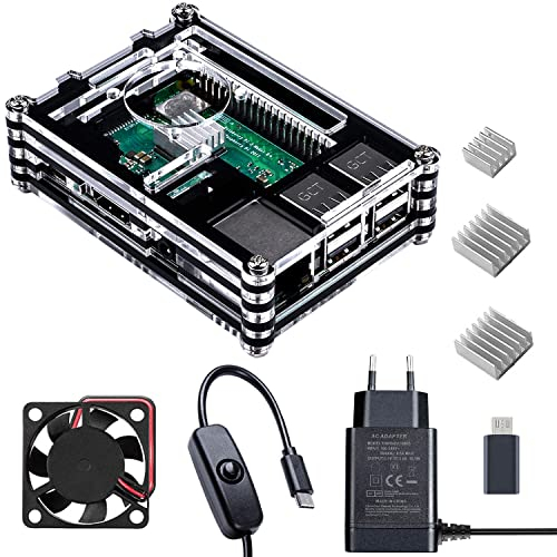 Smraza Case para Raspberry pi 3 B B+,Caja con Cargador de 5.1V/3A con Conector ON/Off+3X Disipador+Ventilador Carcasa compatible con Raspberry Pi 3 2 Modelo b b+(No Incluye la Placa para Raspberry Pi)